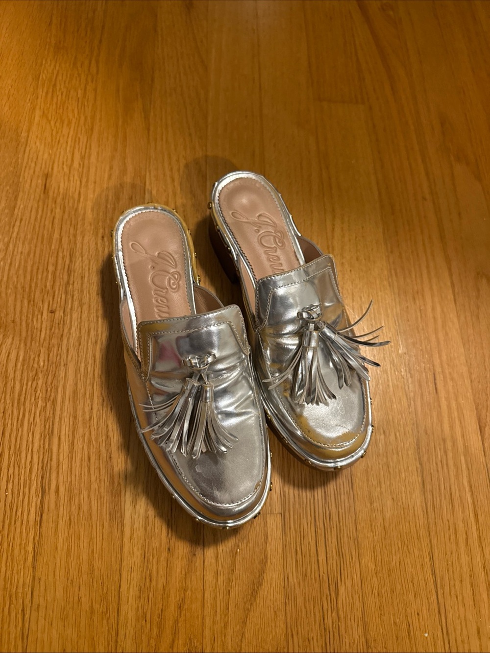 J. Crew Metallic Silver Tassel Mules